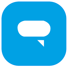 A blue square with white speech bubble